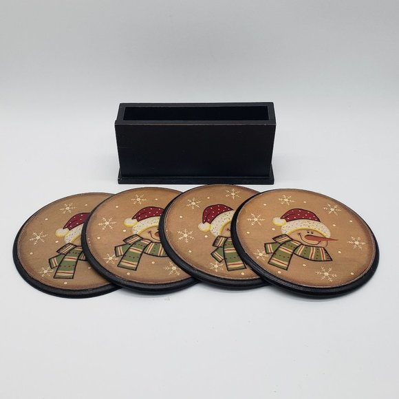 Vintage Wooden Set of 4 Snowman Snowflake Coasters with Holder - Picture 2 of 9